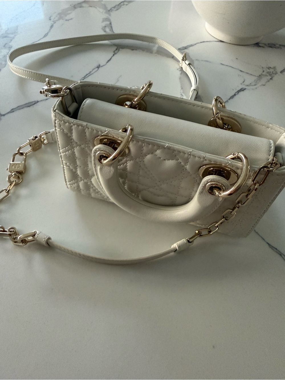 Dior Cream Quilted Mini Top-Handle Crossbody with Gold Hardware - Picture 2 of 8